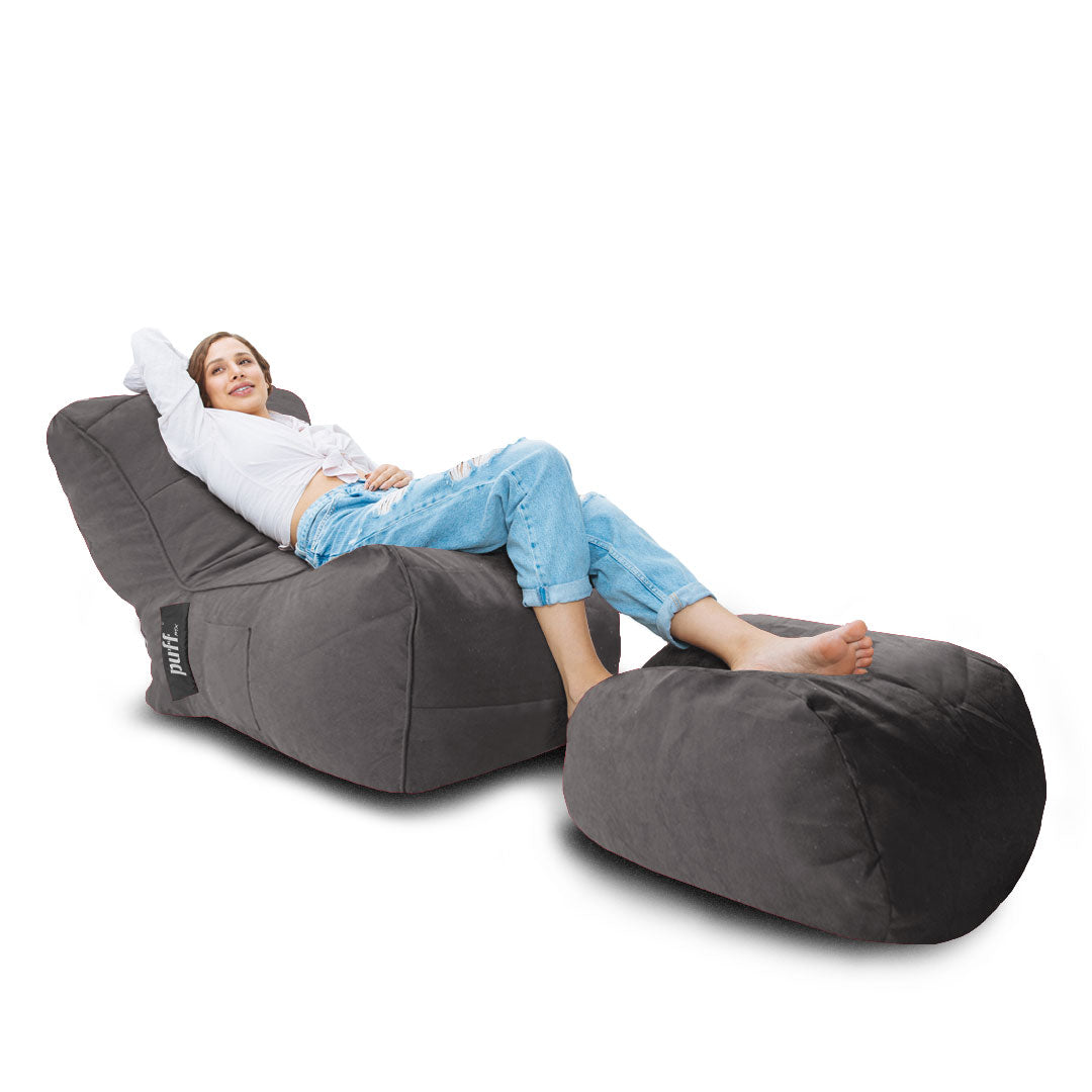 Puff Lounge Individual con Taburete Gris Oscuro Hule Espuma Gamuza