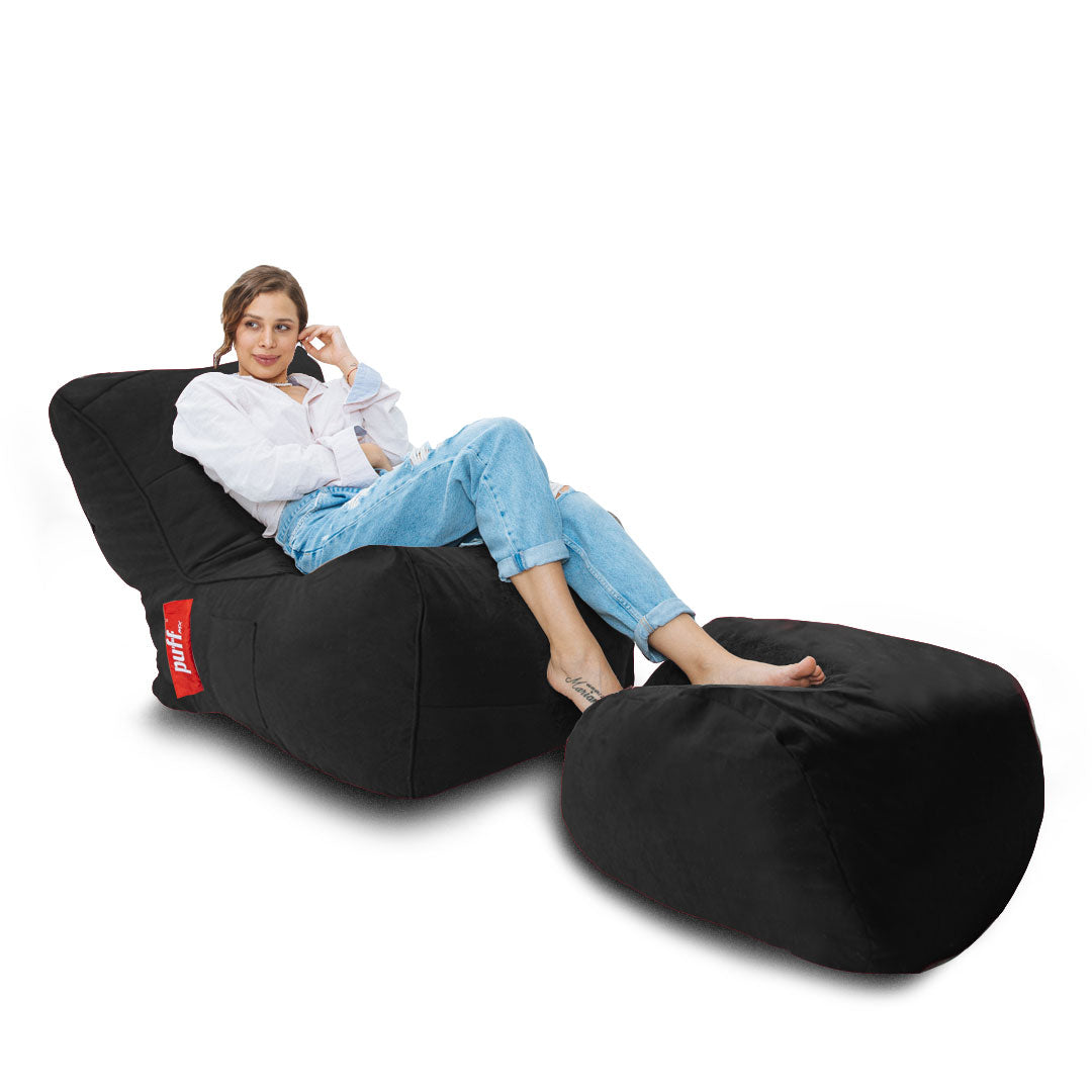 Puff Lounge Individual con Taburete Negro Hule Espuma Gamuza