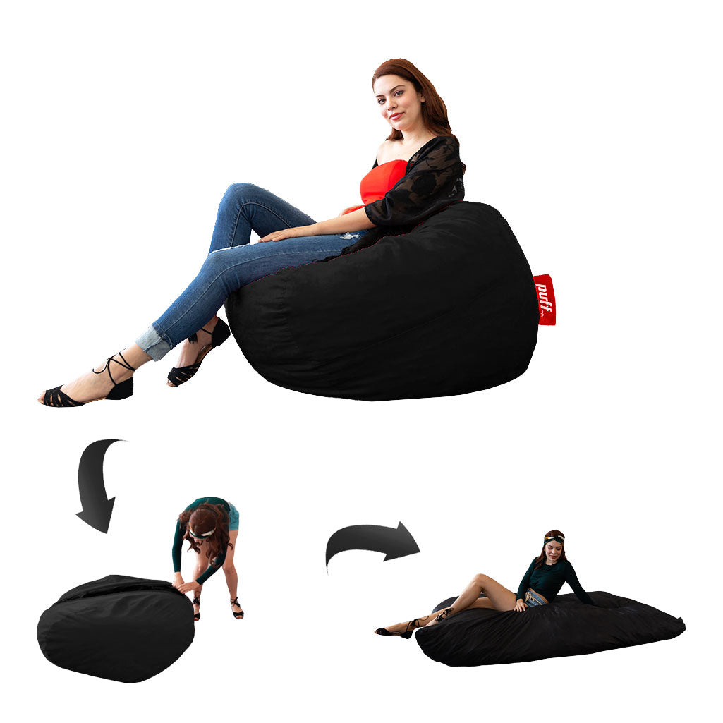 Puff 2 en 1 con Cama Individual Negro Hule Espuma Gamuza